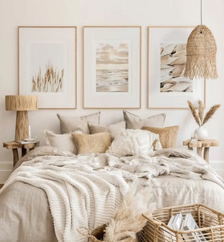 Boho inspired bedroom decor featuring natural linen bedding, rattan pendant light, canvas wall art, jute rug and rattan storage baskets.