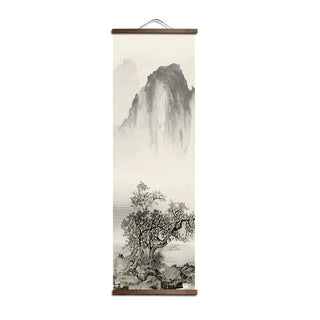 Japanese scroll art print featuring traditional black and white ink landscape with natural wood frame; minimalist Zen wall décor in a set of 4.