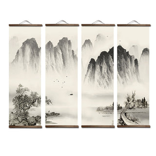 Japanese scroll art print featuring traditional black and white ink landscape with natural wood frame; minimalist Zen wall décor in a set of 4.