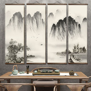Japanese scroll art print featuring traditional black and white ink landscape with natural wood frame; minimalist Zen wall décor in a set of 4.