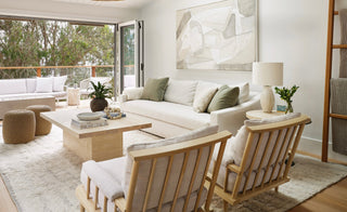 Natural home interior styled with linen, rattan and jute — Arkaim Home collection of handmade natural material home decor for a calm, organic living space.