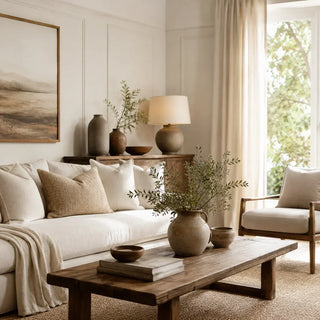 Autumn-inspired living room with a neutral sofa, textured cushions, wooden coffee table and vase of branches beside a sunlit window.