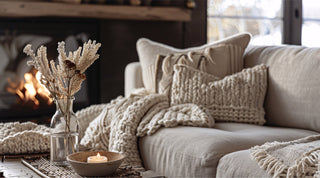 Cosy living room with knitted throws and wooden décor - natural home styling.