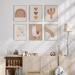 Nature-inspired children’s room with handcrafted wall art, cotton blankets, textured cushions, and rattan lighting for a safe, calming space.