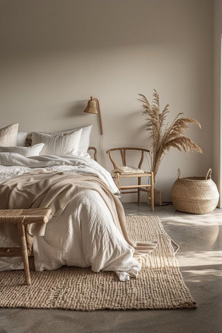 A peaceful and inviting space showcasing nature-inspired homeware trends for Spring/Summer 2025, with earthy tones, organic materials, and soothing colours. 
