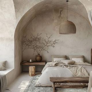 Wabi-Sabi inspired interior styling with linen textiles, ceramic vases, rattan lighting, and travertine décor — a celebration of raw beauty, imperfection, and mindful living