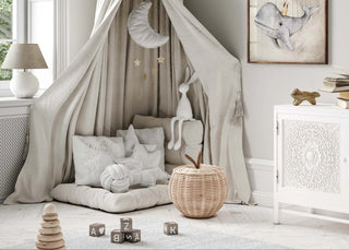A collection of all natural bedding and homeware accessories for kids bedroom or playroom, featuring linen bedding, cotton cushions, wall art, rugs, lighting and décor accessories - available from Arkaim Home.