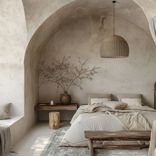 Wabi-sabi bedroom interior, featuring natural linen bedding, rattan pendant light, rustic wooden bench and ceramic vase with seasonal blooms.