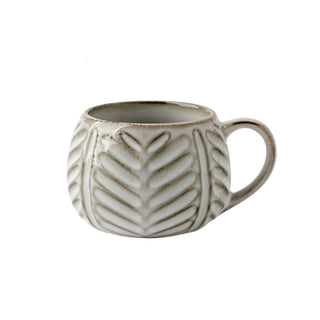 Fay bowl-shaped ceramic mug with leaf shaped ridges in earthy grey glaze.