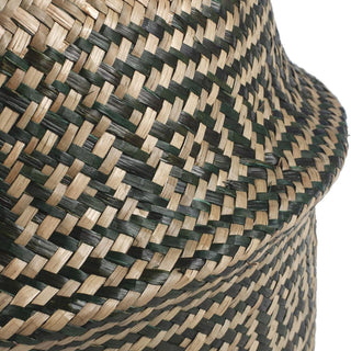 Handwoven natural and black seagrass storage basket with handles, perfect as a stylish hanging basket, pot planter, or decorative storage solution. This eco-friendly, two-tone basket with a tribal motif adds a boho touch to your home décor while keeping your space organized. Shop handcrafted storage baskets at our natural homeware store.