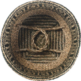 Handwoven natural and black seagrass storage basket with handles, perfect as a stylish hanging basket, pot planter, or decorative storage solution. This eco-friendly, two-tone basket with a tribal motif adds a boho touch to your home décor while keeping your space organized. Shop handcrafted storage baskets at our natural homeware store.