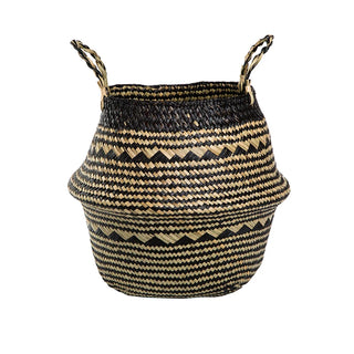 Handwoven natural and black seagrass storage basket with handles, perfect as a stylish hanging basket, pot planter, or decorative storage solution. This eco-friendly, two-tone basket with a tribal motif adds a boho touch to your home décor while keeping your space organized. Shop handcrafted storage baskets at our natural homeware store.