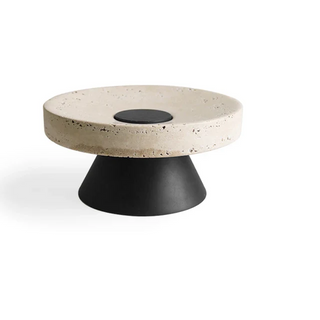 Elegant round pedestal display tray crafted from travertine and cedar wood, featuring a high foot stand for a sophisticated touch. Perfect for natural home décor, this versatile tray is ideal for showcasing ornaments, candles, or serving essentials with organic beauty