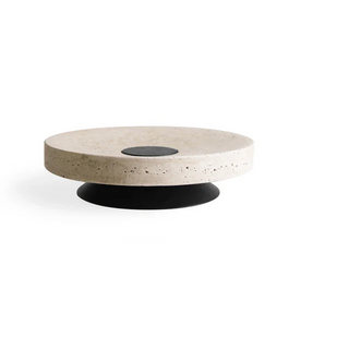 Travertine pedestal deco tray with smoked cedar base, perfect for table styling or decorative display.