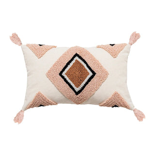 Tufted 30x50 cotton cushion cover with pastel diamond motif and hand-tied tassels - perfect for kid's nursery or playroom.
