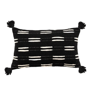 Ayat Linen Blend Cushion Cover – decorative black and white boho cushion with tasselled corners. Made from a soft linen-cotton blend, featuring an ethnic-inspired pattern for a natural home décor touch.