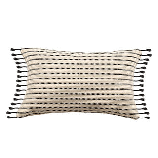 Handwoven Nura Cotton Cushion Cover with embroidered stripes and fringe tassels. Made from a breathable cotton-linen blend for a soft, cozy, and stylish home décor touch. Perfect for modern and boho interiors. Shop sustainable cushion covers online.
