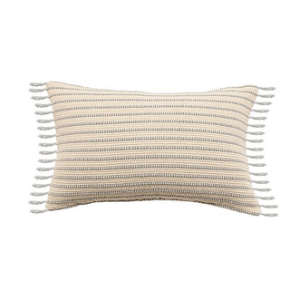 Handwoven Nura Cotton Cushion Cover with embroidered grey stripes and fringe tassels. Made from a breathable cotton-linen blend for a soft, cozy, and stylish home décor touch. Perfect for modern and boho interiors. Shop sustainable cushion covers online.