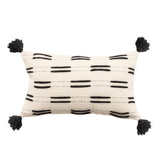 Ayat Linen Blend Cushion Cover – decorative black and white boho cushion with tasselled corners. Made from a soft linen-cotton blend, featuring an ethnic-inspired pattern for a natural home décor touch.