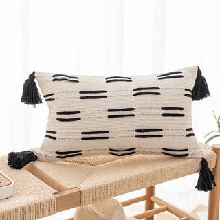Ayat Linen Blend Cushion Cover – black and white 30x50 boho throw pillow with tassels, ethnic-inspired embroidery, natural cotton-linen for modern home décor.