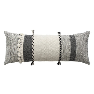 Handwoven Mara Cotton Cushion Cover with black textured stripes, fringe tassels, and a soft, breathable fabric. Ethnic-inspired design, perfect for boho, modern, and rustic home décor.