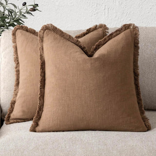 Brown fringed cotton cushion cover—natural, breathable, and perfect for layering in Boho, Scandi, minimalist or modern interiors.