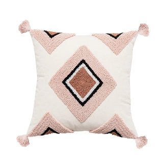 Tufted 45x45 cotton cushion cover with pastel diamond motif and hand-tied tassels - perfect for kid's nursery or playroom.