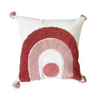 Tufted cotton cushion cover with pastel rainbow design and hand-tied tassels - perfect for children’s nursery or playroom.