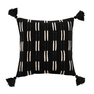 Ayat Linen Blend Cushion Cover – decorative black and white boho cushion with tasselled corners. Made from a soft linen-cotton blend, featuring an ethnic-inspired pattern for a natural home décor touch.