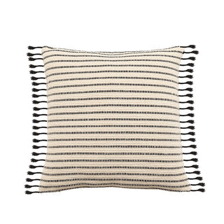 Handwoven Nura Cotton Cushion Cover with embroidered stripes and fringe tassels. Made from a breathable cotton-linen blend for a soft, cozy, and stylish home décor touch. Perfect for modern and boho interiors. Shop sustainable cushion covers online.