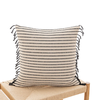 Handwoven Square Nura Cotton Cushion Cover with embroidered stripes and fringe tassels. Made from a breathable cotton-linen blend for a soft, cozy, and stylish home décor touch. Perfect for modern and boho interiors. Shop sustainable cushion covers online.
