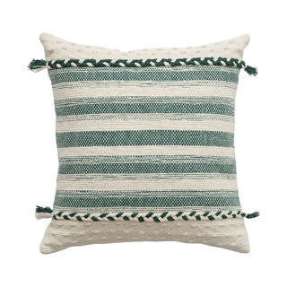 Handwoven Mara Cotton Cushion Cover with textured green stripes, fringe tassels, and a soft, breathable fabric. Ethnic-inspired design, perfect for boho, modern, and rustic home décor.