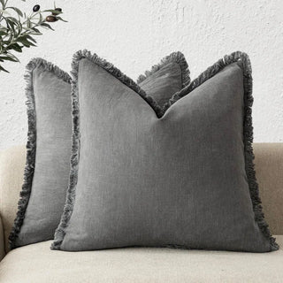 Grey fringed cotton cushion covers, made from 100% natural cotton with soft ruffled edges. Perfect for minimalist, boho-inspired living space.