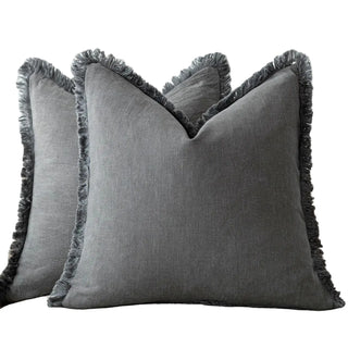 Grey fringed cotton cushion cover with textured weave, 45x45cm