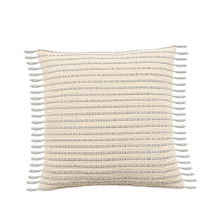 Handwoven Nura Cotton Cushion Cover with embroidered grey stripes and fringe tassels. Made from a breathable cotton-linen blend for a soft, cozy, and stylish home décor touch. Perfect for modern and boho interiors. Shop sustainable cushion covers online.