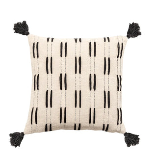 Ayat Linen Blend Cushion Cover – decorative black and white boho cushion with tasselled corners. Made from a soft linen-cotton blend, featuring an ethnic-inspired pattern for a natural home décor touch.