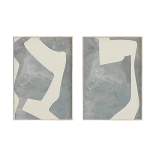 Set of two abstract geometric canvas prints featuring soft cream shapes on a textured grey background; minimalist wall art for serene, modern interiors.