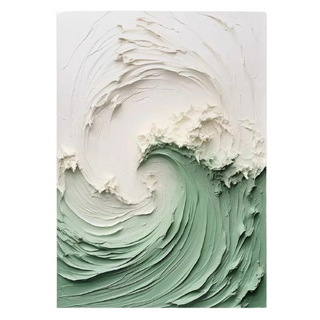 Abstract ocean wave painting in green and white, featuring sculptural 3D impasto texture on canvas - Arkaim Home