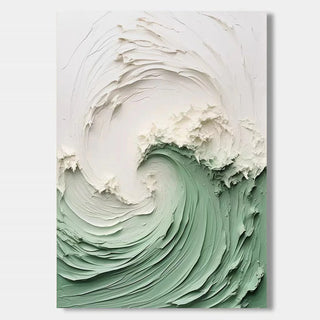 Abstract swirling wave art piece in green and white patterns.