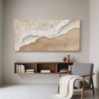 Hand-painted coastal wave wall art in beige and white Arkaim Home