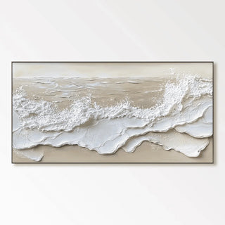 Hand-painted abstract textured canvas wall art inspired by tidal waves, featuring sculptural 3D texture in soft white and beige coastal tones.