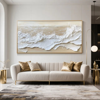 Hand-painted coastal wave wall art in beige and white Arkaim Home