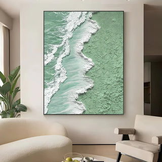 Textured green and white wave art, in a contemporary living room setting.