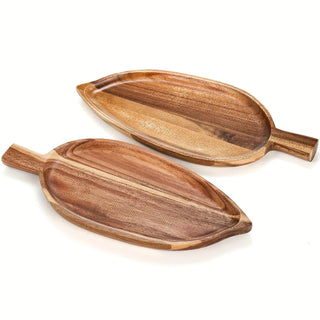 Leaf-shaped acacia wood serving tray, showcasing natural grain and carved detail.