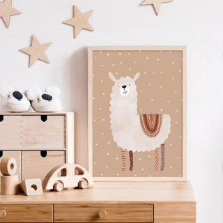 Boho nursery canvas art print with alpaca design. Colourful kids wall art on canvas for nursery or play room.