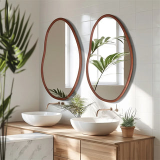 Organic asymmetrical bathroom mirrors with natural wood frame