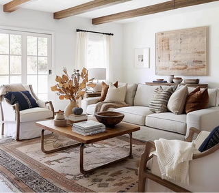 Organic contemporary living room styled with warm neutral tones and blue autumn accents.