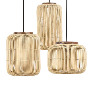 Beige handmade rattan and teak barrel pendant lights — artisan ceiling lamp for Wabi Sabi or Boho interiors.