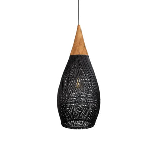 Black handmade rattan and teak pendant light with tear drop shape — artisan ceiling lamp for Wabi Sabi or Boho interiors.