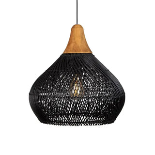 Black handmade rattan and teak pendant light with bell shape — artisan ceiling lamp for Wabi Sabi or Boho interiors.